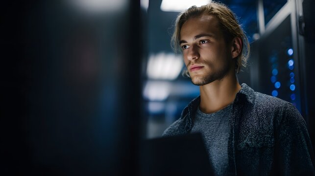 IT technician maintaining server room with focused attention