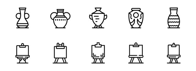 Collection of Simple Line Art Icons: Vases, Awards, and Easels; Minimalist Black and White Design; Clean, Modern Style for Website or App.