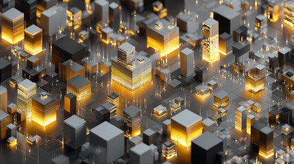 3D isometric network of blocks with light glowing in the background,