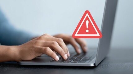 A person is typing on a laptop with a red exclamation point on the screen