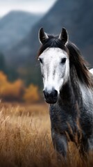 Majestic grey horse standing in a golden field with mountains in the background during early morning hours