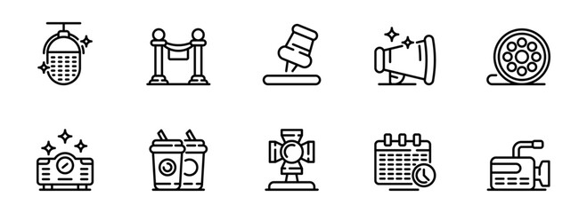 Modern Line Icons:  Event Planning, Film Production, Broadcasting, and Marketing Essentials;  Clean, Minimalist Style.
