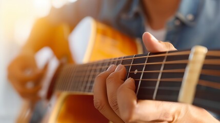 Obraz premium Man is playing a guitar. He is holding the guitar with his left hand. The guitar is black and yellow