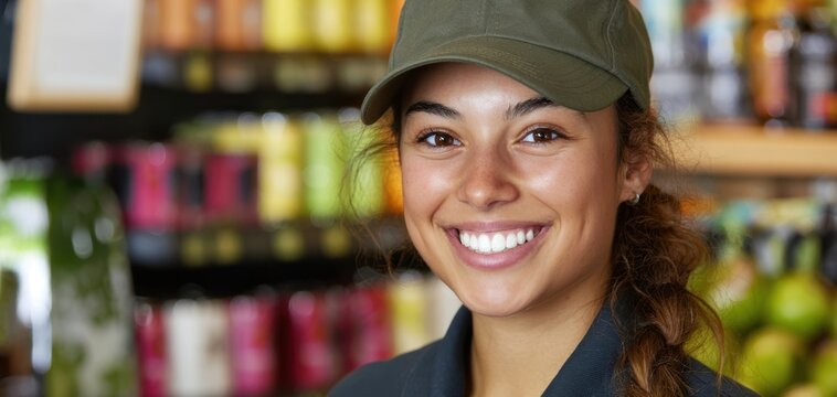 The smiling employee in a vibrant grocery store showcasing amazing customer service. - Powered by Adobe