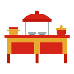 Traditional buffet table with serving dishes and pots