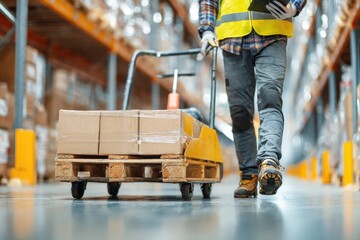 Warehouse worker pulling a trolley loaded with goods along the aisle in a large distribution center, ensuring efficient logistics and inventory management in commerce.