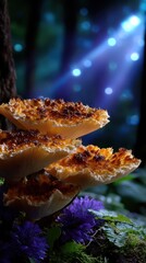 Mushrooms glow under gentle light in a forest setting during twilight
