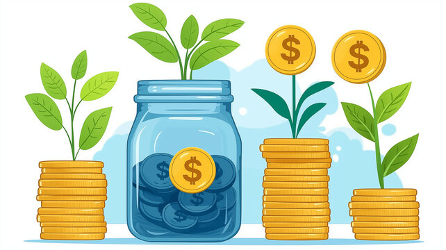 Money growth concept with coins stacked in different heights and plants growing from them, symbolizing financial investment and prosperity in bright setting