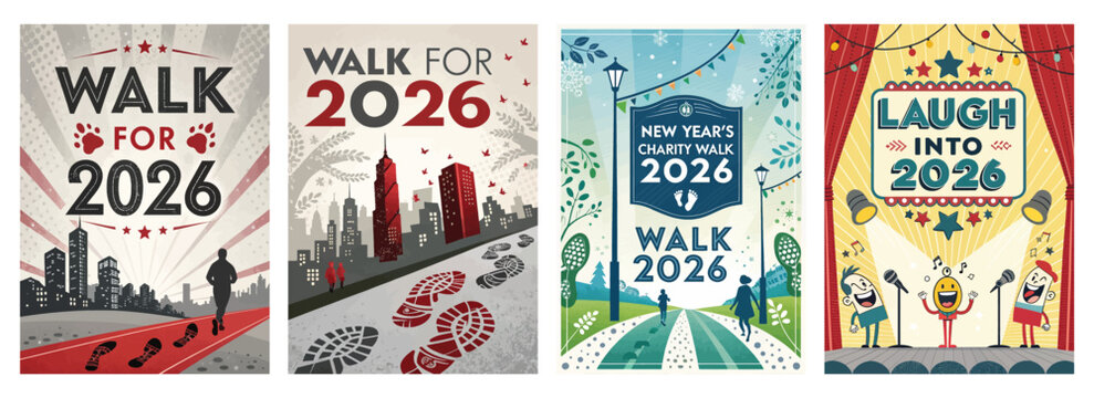 Set of four posters featuring colorful 2026 event themes and graphics