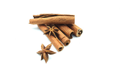 cinnamon and star anise on white background.