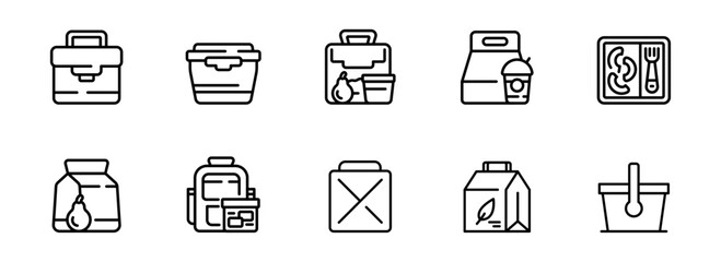 Collection of Ten Minimalist Line Art Icons: Lunchboxes, Food Containers, and Beverage Packaging for Branding and Website Design.