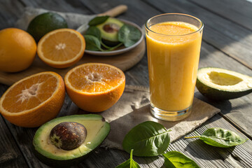 Fototapeta premium Fresh Fruit Juice Serving with Avocado and Orange Slices