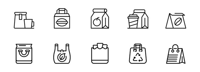 Collection of Minimalist Line Art Icons:  Takeaway Food Packaging,  Eco-Friendly Bags, and Retail Merchandise Display Bags.