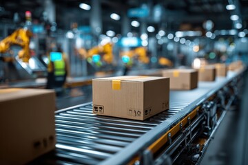 Automated manufacturing conveyor belt system with cardboard boxes, industrial robotic arms performing product packaging and distribution in a factory setting, focus on efficient workflow.