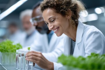 Diverse team of agrobiologists conducting research in a vibrant laboratory with plants and equipment
