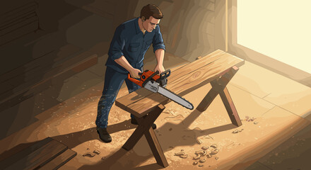 Carpenter using chainsaw in workshop with natural light