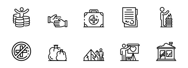 Collection of ten minimalist line icons depicting diverse concepts: finance, healthcare, contracts, disaster relief, environmental issues, and community support.