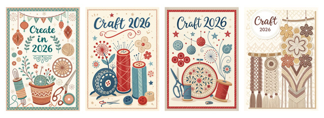 Set of four posters celebrating Craft 2026 with vintage sewing elements
