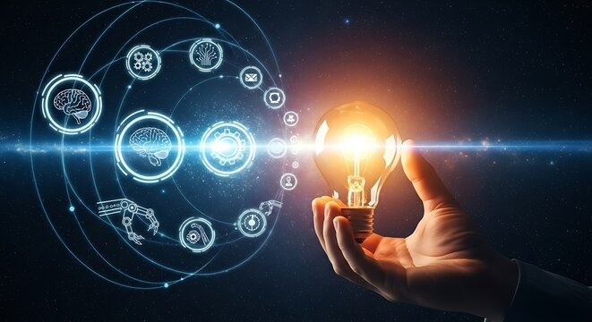 Hand holding a glowing light bulb with a swirling network of technology icons in space.