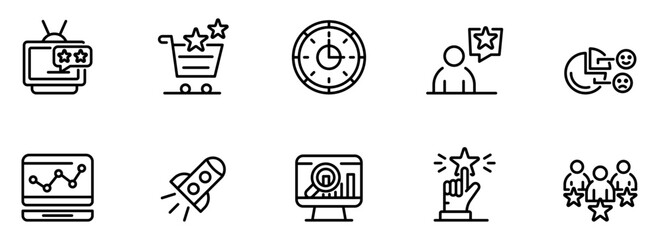 Modern Line Icons:  Customer Reviews, Ratings, Feedback, Time, Growth, and Business Success;  Marketing and Branding Strategy.