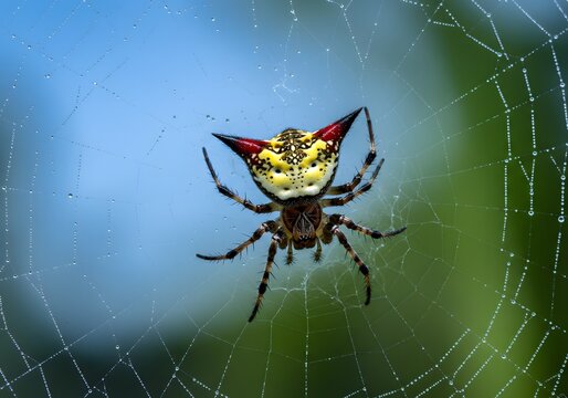 A spiny orbweaver spider gasteracantha cancriformis sits in its intricate web, waiting to capture prey in a tropical garden, showcasing its unique thornlike spines