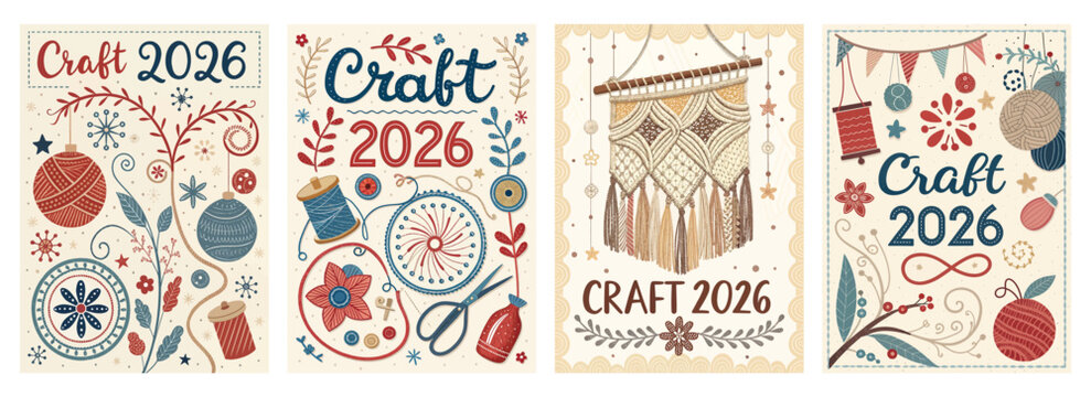 Set of four posters with vibrant vintage craft illustrations and tools