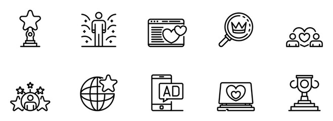 Modern Line Icons: Achievement, Success, Awards, Global Branding,  Marketing, and Customer Loyalty;  Positive, Upbeat Style.