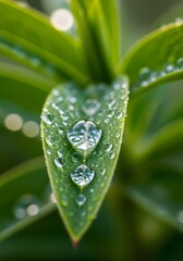 Leaf adorned with dewdrops, revealing nature's beauty, A stunning macro view of a leaf covered with mesmerizing water droplets