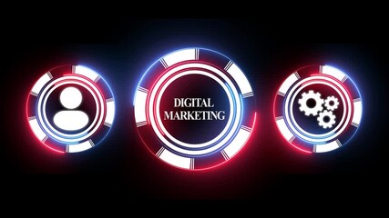 Digital Marketing Concepts Animated Neon Icons on Black Background Illustrating User Engagement Strategy and Business Process Optimization Futuristic Design for Corporate Presentations and Tech - Powered by Adobe