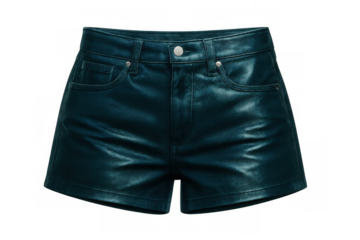 Teal leather shorts floating against transparent background, highlighting contemporary summer fashion design with sleek minimalist styling