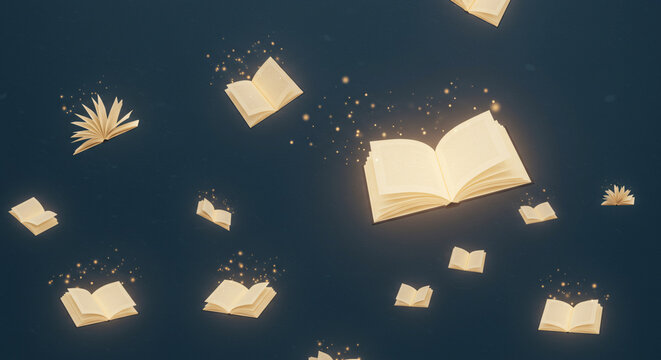 Magical open books float and fly through a dark space, glowing with knowledge and releasing sparks. A fantasy concept representing education, imagination, and the power of storytelling.