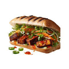 Delicious Grilled Tofu Banh Mi Sandwich with Fresh Vegetables and Spicy Chili Sauce