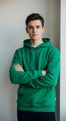 Young man wearing a vibrant emerald green hoodie.