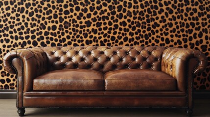 Brown leather couch with leopard print wallpaper background