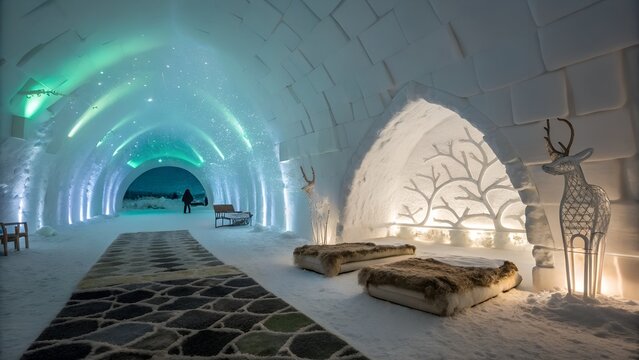 Interior view of an ice hotel with tunnel lighting and decorative reindeer sculptures on display