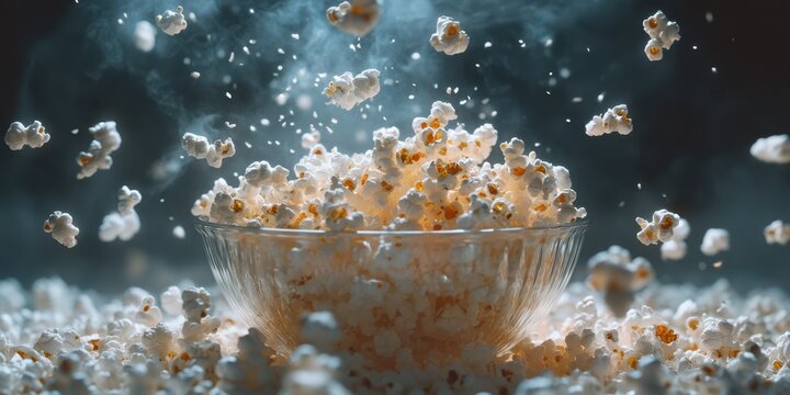 Freshly popped popcorn bursts from a bowl in a dramatic and playful display during a movie night at home