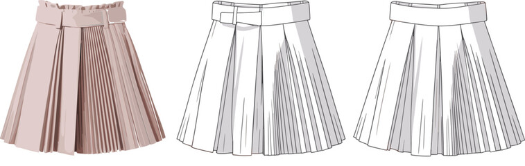 Art & IllustrationElegant pleated skirt design with belt, fashion technical flat sketch, pink modern garment, stylish womenswear illustration, digital apparel template