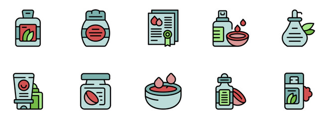 Collection of Flat-Style Icons: Natural Cosmetic Products, Organic Skincare, and Beauty Treatments;  Certified and Authentic.