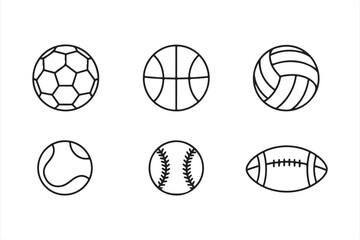 Line art sports balls including soccer, volleyball, and baseball icons