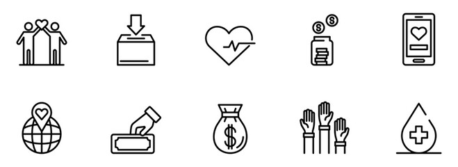Collection of Minimalist Line Icons: Charity, Donation, Healthcare, and Global Giving;  Modern, Clean Style; Positive and Hopeful Mood.