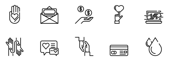 Modern Line Art Icons: Charity, Donation, Giving, Support, and Online Transactions;  Positive, Minimalist Style.