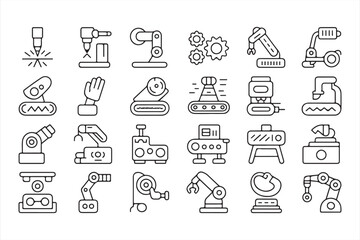 Set of robotic arm and machinery icons for automation and industry design