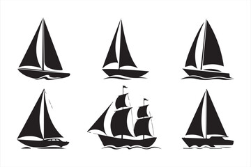 Vector icons of sailboats, yachts, and ships in black and white