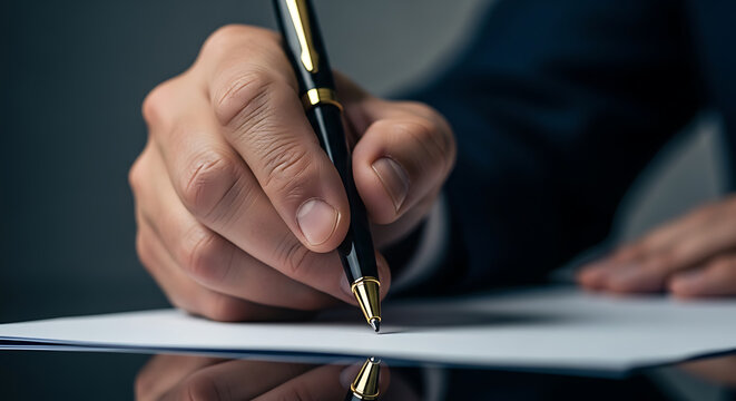 Focused hand meticulously inscribing on pristine paper with elegant pen, representing commitment
