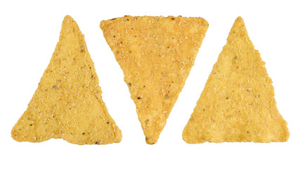 Set crispy nachos chips isolated on a transparent background. Full depth of field. PNG.
