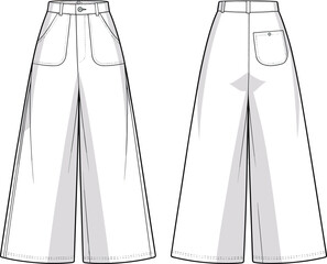 Wide leg high waist pants flat sketch, front and back technical fashion drawing, pocket detail, clean vector template, apparel design