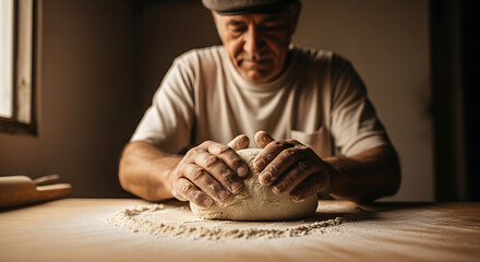 Dedicated baker shaping dough with weathered hands in a warmly lit artisanal bakery setting