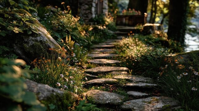 Sunlit stone path winding through a lush garden