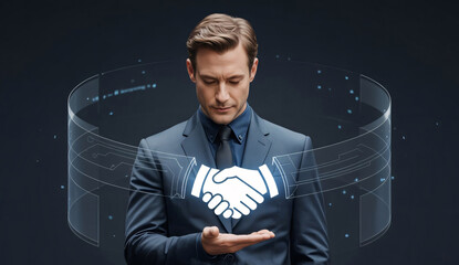 Businessman presenting a digital handshake icon with futuristic holographic interface deal agreement