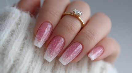 Close-up of manicured nails, pale pink ombre, glitter, ring